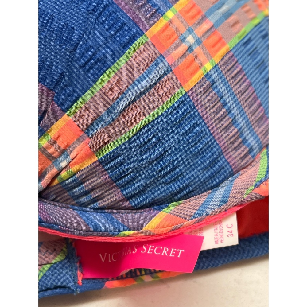 Victorias Secret Plaid Ruffle Push‎ Up Bikini Top Blue Neon 34C Halter Underwire